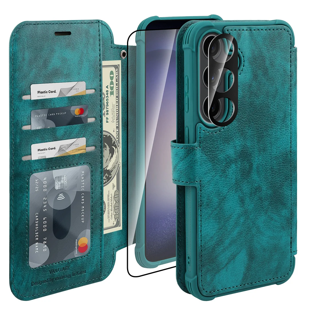 VANAVAGY Wallet Case for Galaxy S24 with Card Holder[Screen Protector & Camera Lens Protector]