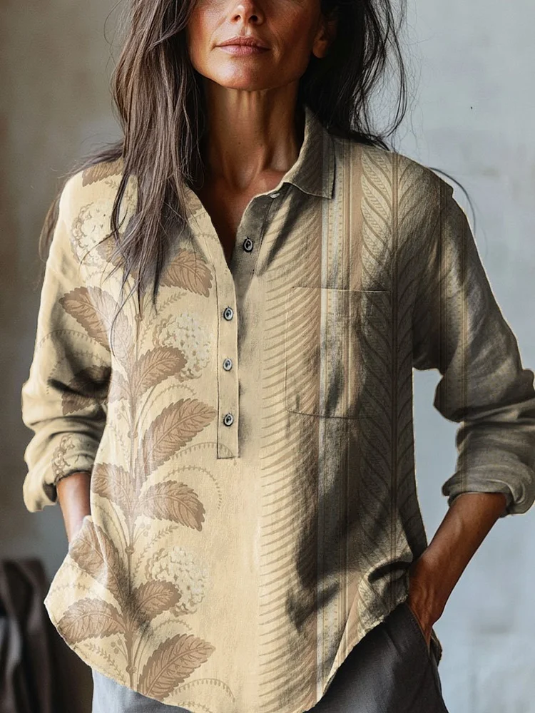 Women's Vintage Botanical Art Print Casual Cotton And Linen Shirt