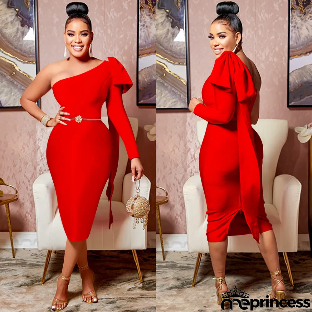 Elegant Solid One Shoulder Bow-knot Split Midi Dress