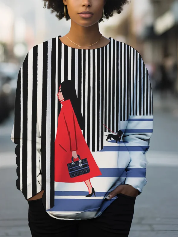 Women's Fashionable Lady Striped Art Print Casual Sweatshirt
