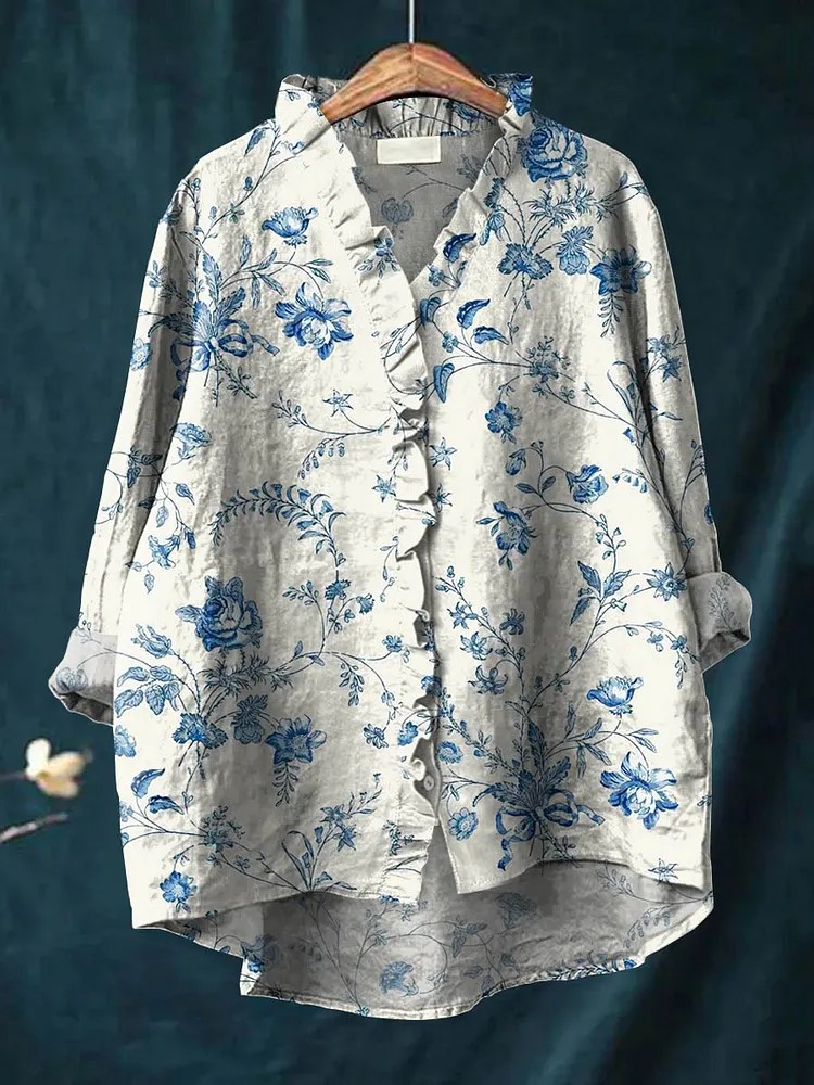 Women's Lovely Flowers Art Print Casual Cotton And Linen Ruffle Shirt
