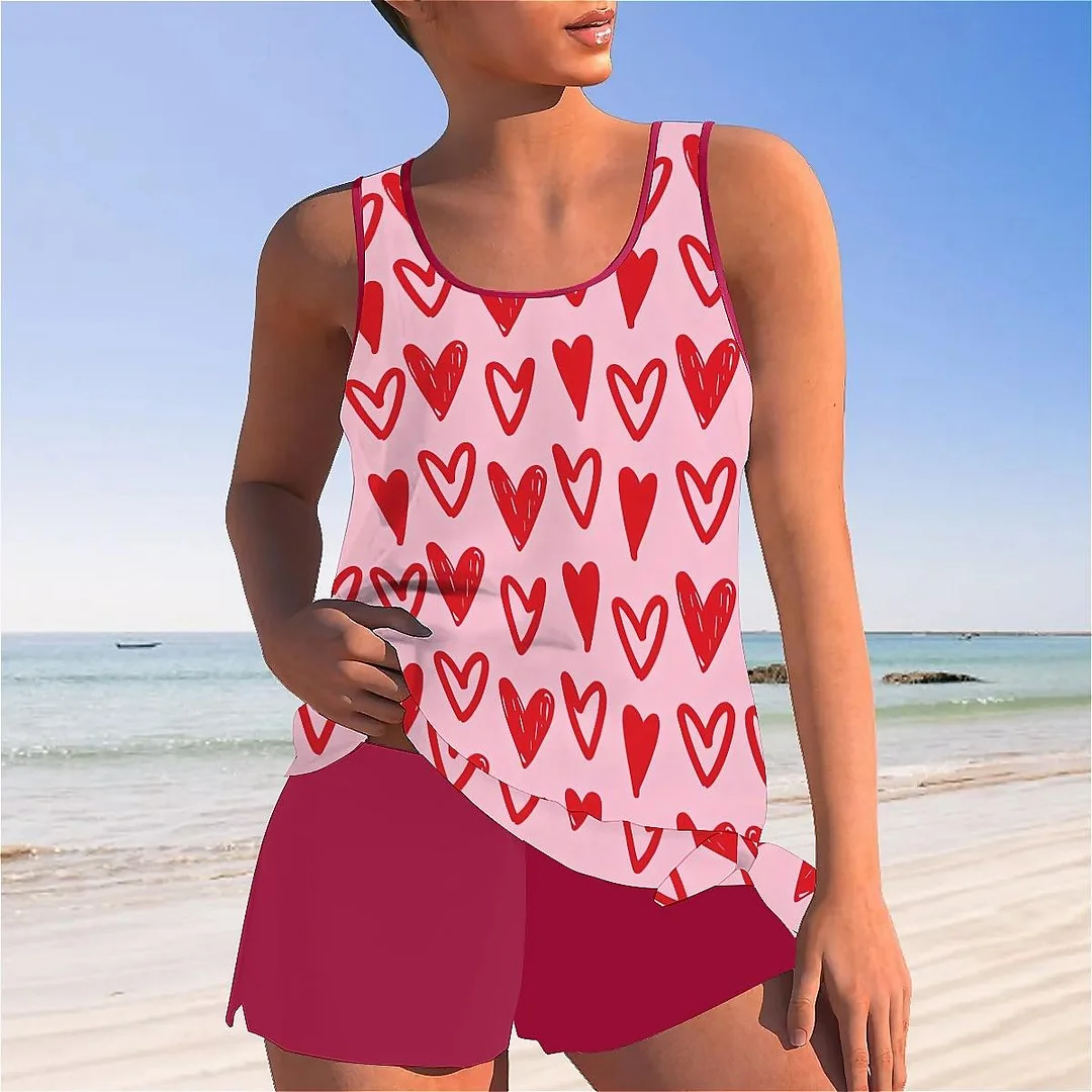 Bowknot Heart,Love,Valentine's Day Mid Waisted Tankini Set - Plus Size Available