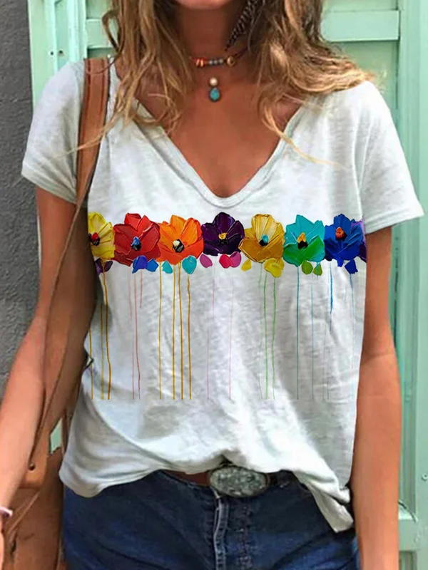 Rainbow Flowers Oil Painting T Shirt