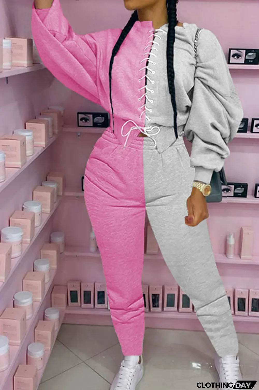 Grey Casual British Style Polyester Fiber Patchwork Solid Bandage Split Joint Pants Strap Design O Neck Long Sleeve Regular Sleeve Regular Two Pieces