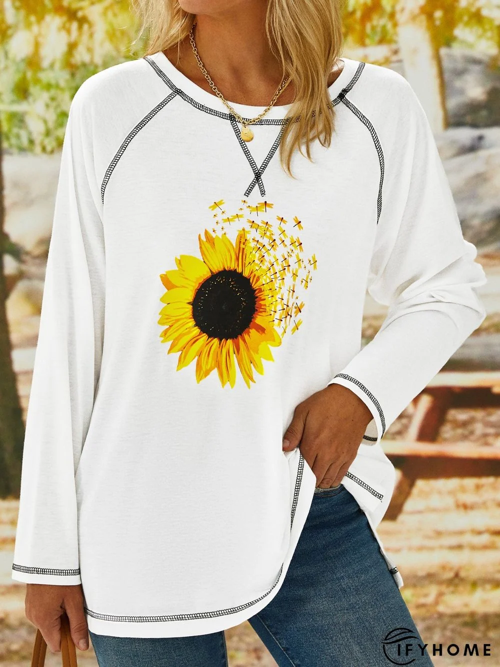 Sunflower Long Sleeve Crew Neck Casual Tunic T-Shirt | IFYHOME