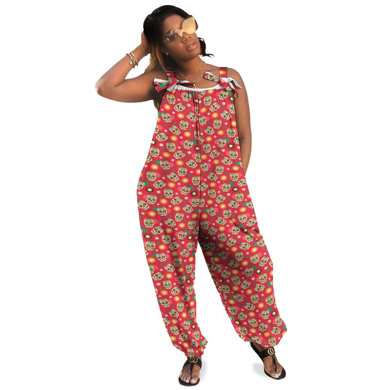 Red With Sugar Skulls Flowers Plus Size Sleeveless Jumpsuit Summer Harem Pants Women Comfy Jumpsuit Womens Fluffy Jumpsuit Casual Long Length Polyester Spandex