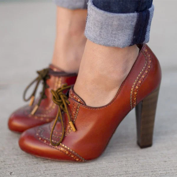 Tan Lace up Oxford Heels Vintage Shoes Chunky Heels Shoes |FSJ Shoes