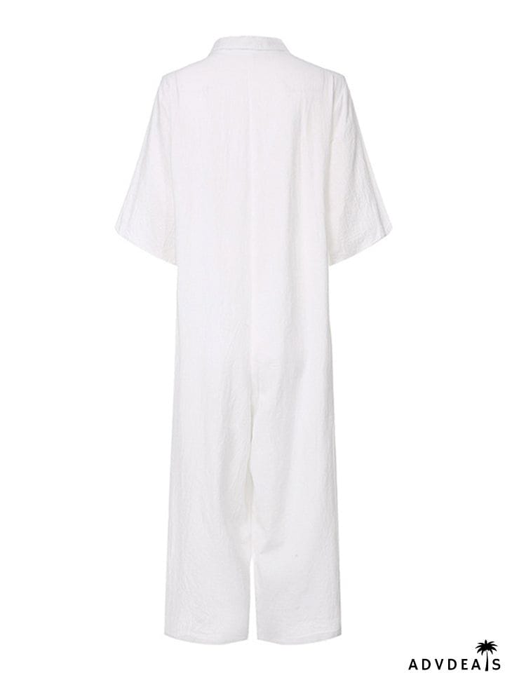 Straight Silhouette Spread Collar Soft Cotton Front Button Cropped Jumpsuit