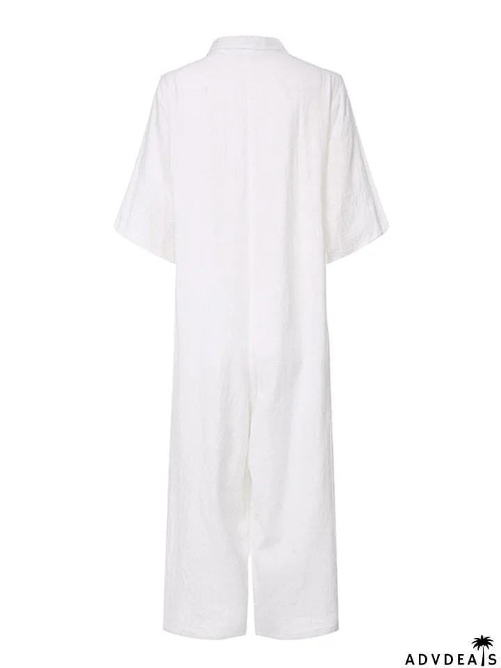 Straight Silhouette Spread Collar Soft Cotton Front Button Cropped Jumpsuit