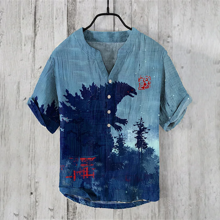Vintage Godzilla Japanese Art Linen Blend Shirt