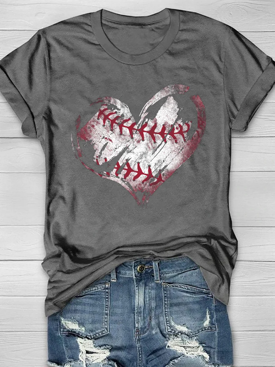 Baseball Heart Print Short Sleeve T-Shirt