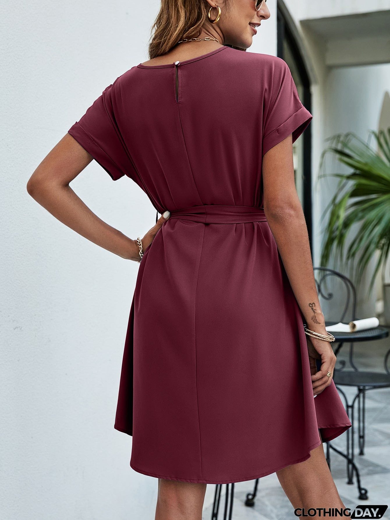 Belted Round Neck Curved Hem Dress