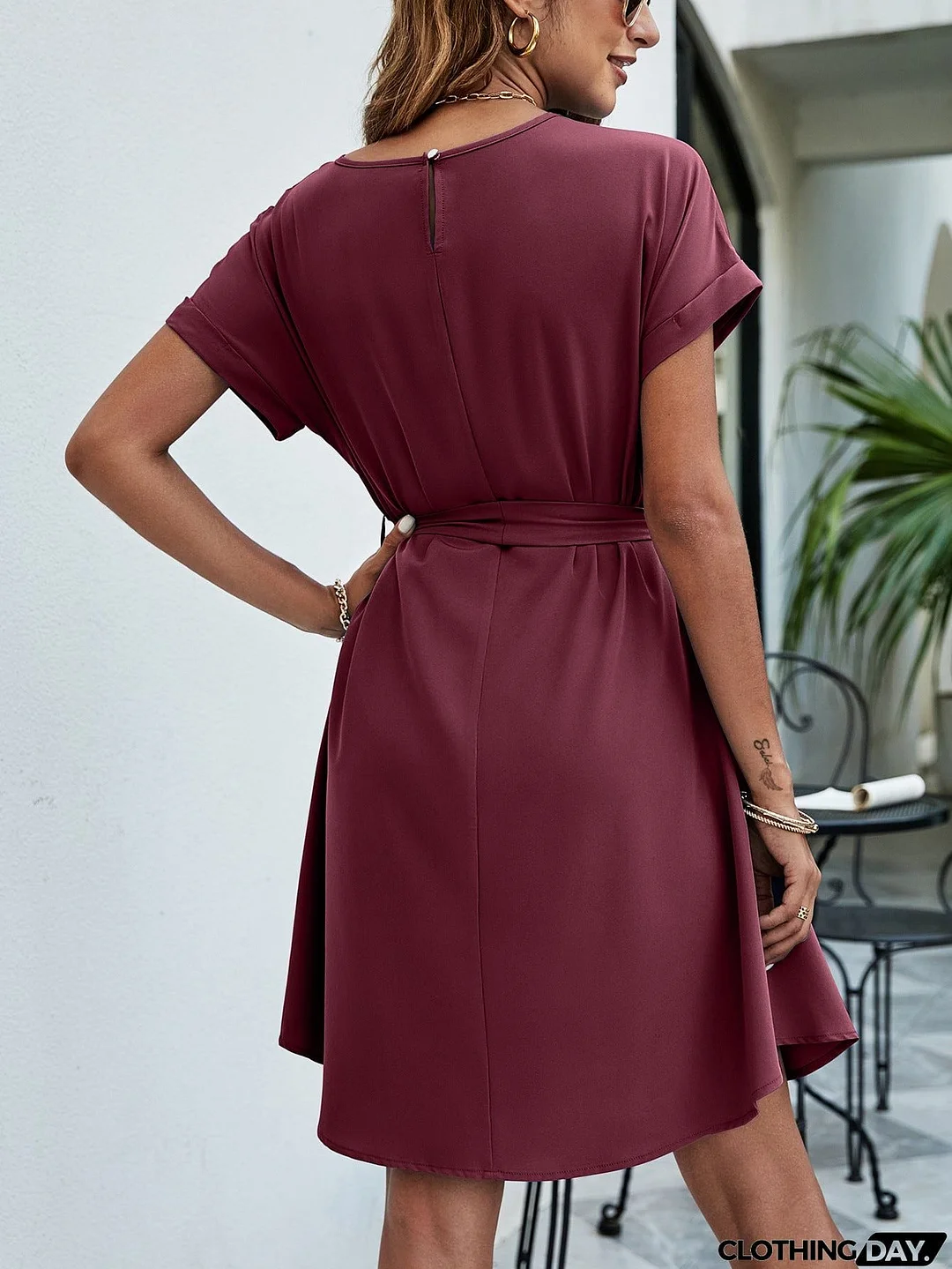 Belted Round Neck Curved Hem Dress