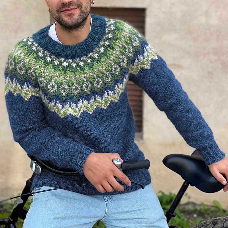 Men'S Vintage Knitted Jacquard Crew Neck Sweater