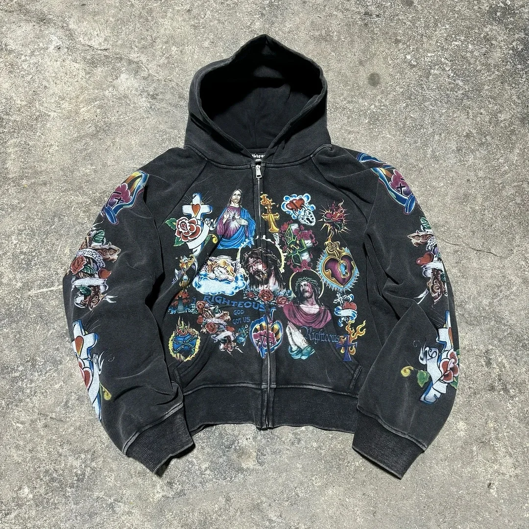 Aonga Y2K New Washed Zipper Hoodie Vintage Multi Pattern Printed Hoodie Street Hip Hop Gothic Punk Sportswear Men's Loose Casual Top aonga
