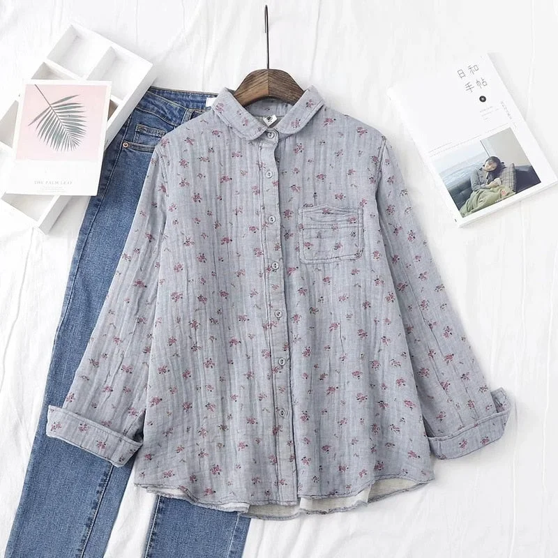 Autumn New Women Cotton Turn Down Collar White Shirt Long Sleeve Pockets Dot Blouse Button Up Loose Spring Casual Tops T09406F
