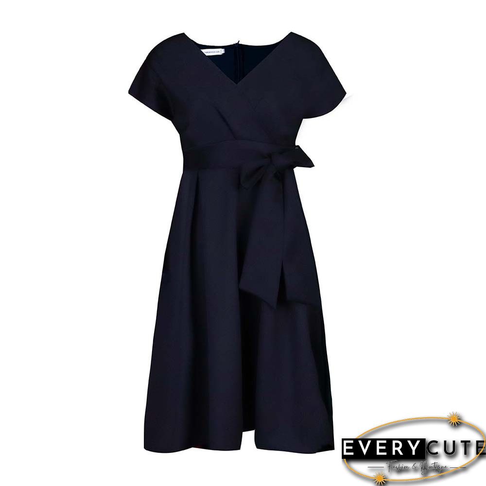 V-neck Solid Color Waist Bow Tie Dress White Dresses