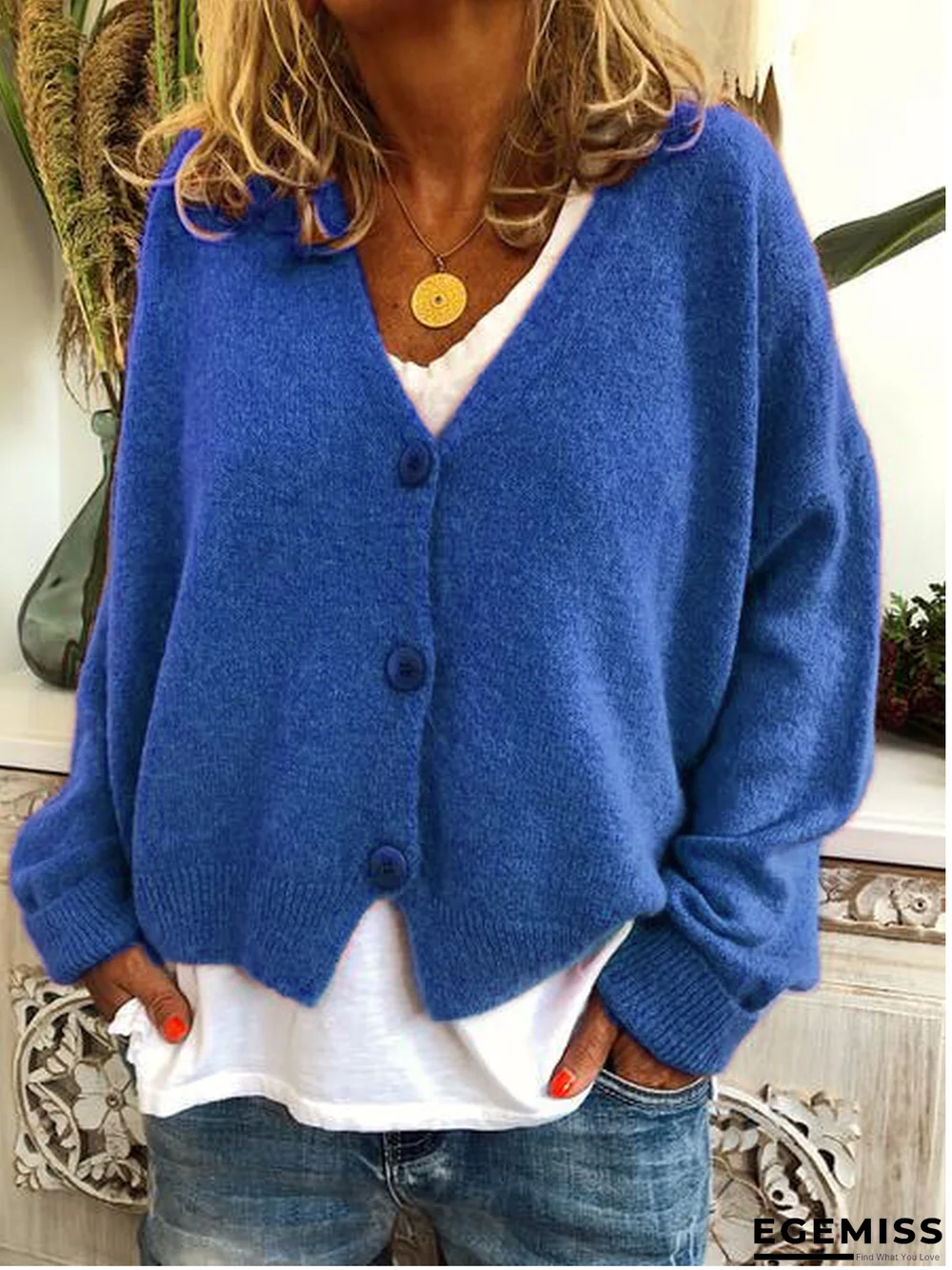 Fashion Long Sleeve Solid Wool Blend V Neck Sweaters | EGEMISS