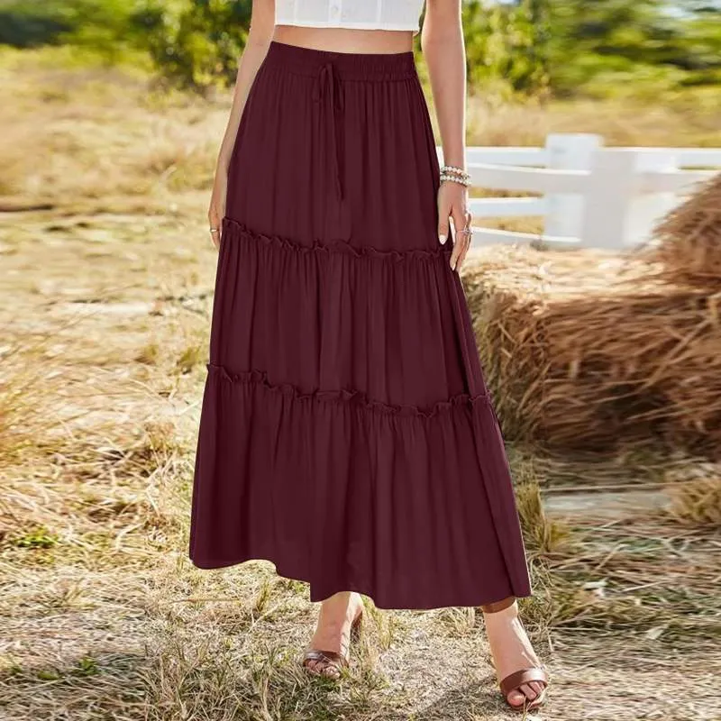 Brownm Elastic Waist Solid Party Holiday Skirt ZANZEA Elegant Women Ruffles Long Skirts Vintage A-line Work Jupe Faldas Saia 7 413-1