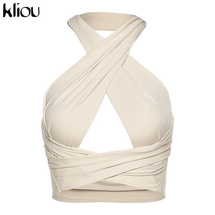 Kliou Solid Halter Crop Tops Women Bandage Hole Sexy Backless Tanks Vest Skinny Party Clubwear Female Hot Outwear Outfits Summer - BlackFridayBuys