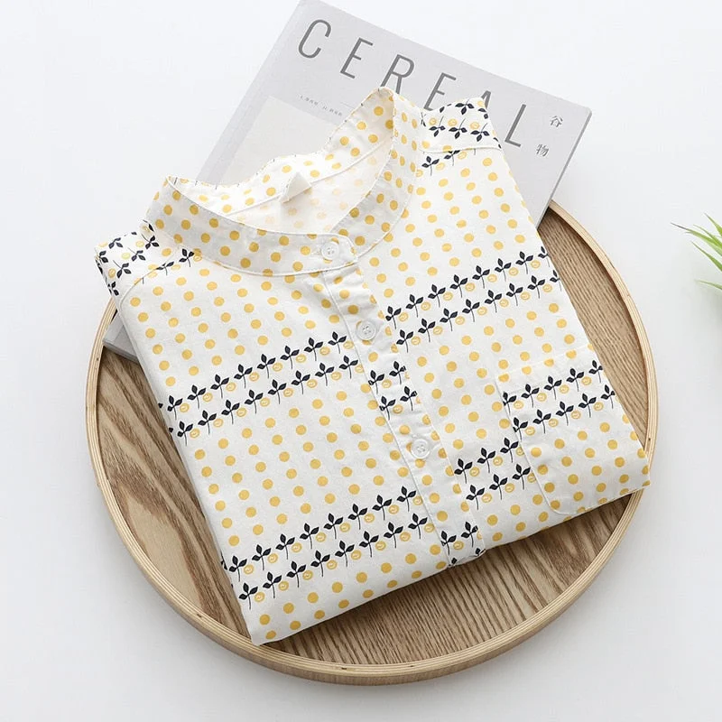 Autumn New Women Dandelion Print Cotton White Shirt Breathable Stand Collar Button Up Blouse Female Casual Basic Tops T18601F