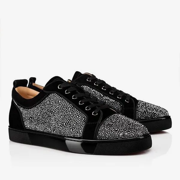 Gentleman's Prom Party Sneakers Shoes Red Bottom Round Toe Rhinestones Shoes-vocosishoes