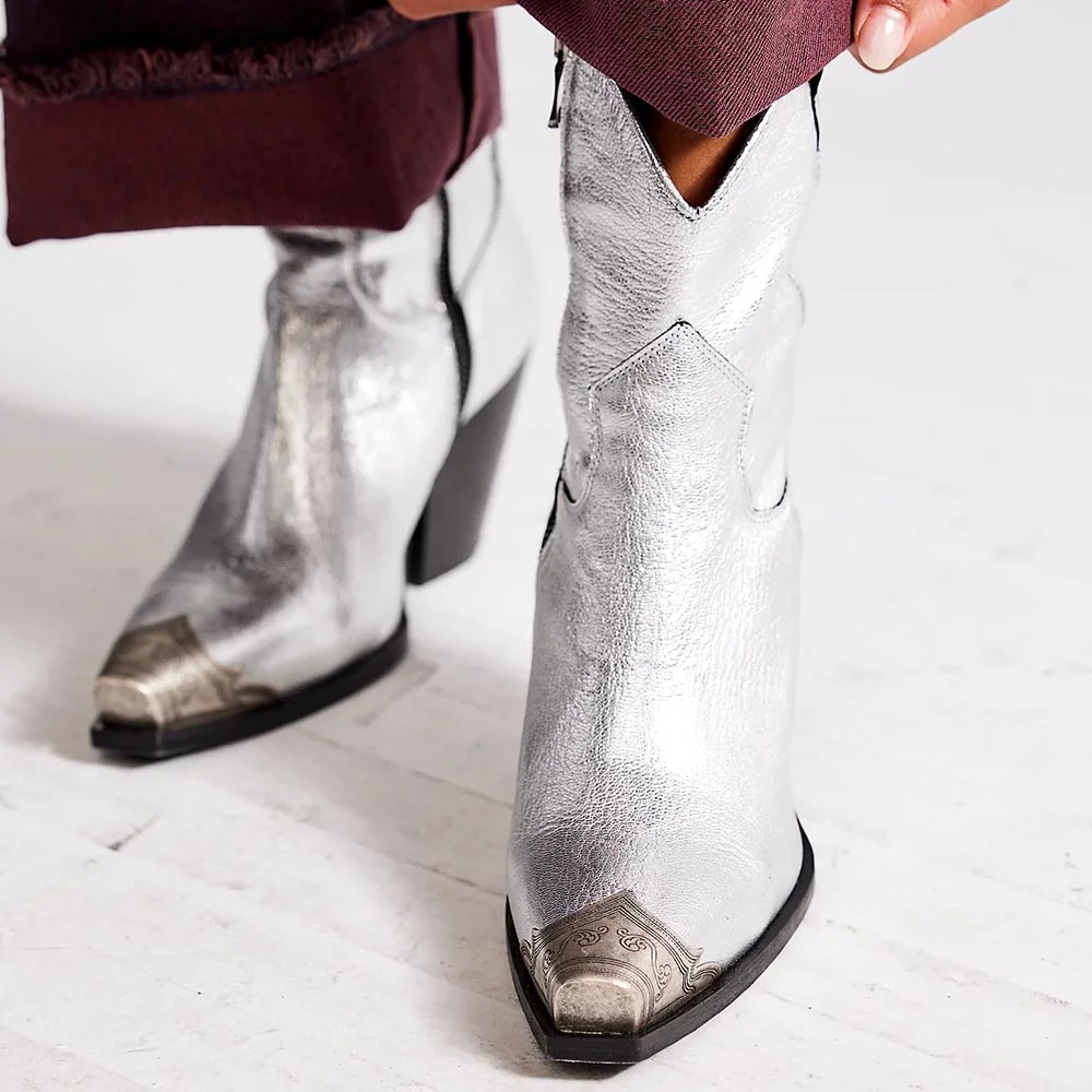 Silver Metallic Booties Etched Metal Toe Western Boots for Women Nicepairs