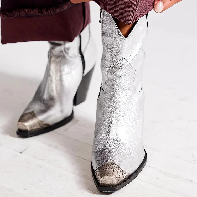 Silver Metallic Booties Etched Metal Toe Western Boots for Women |FSJ Shoes