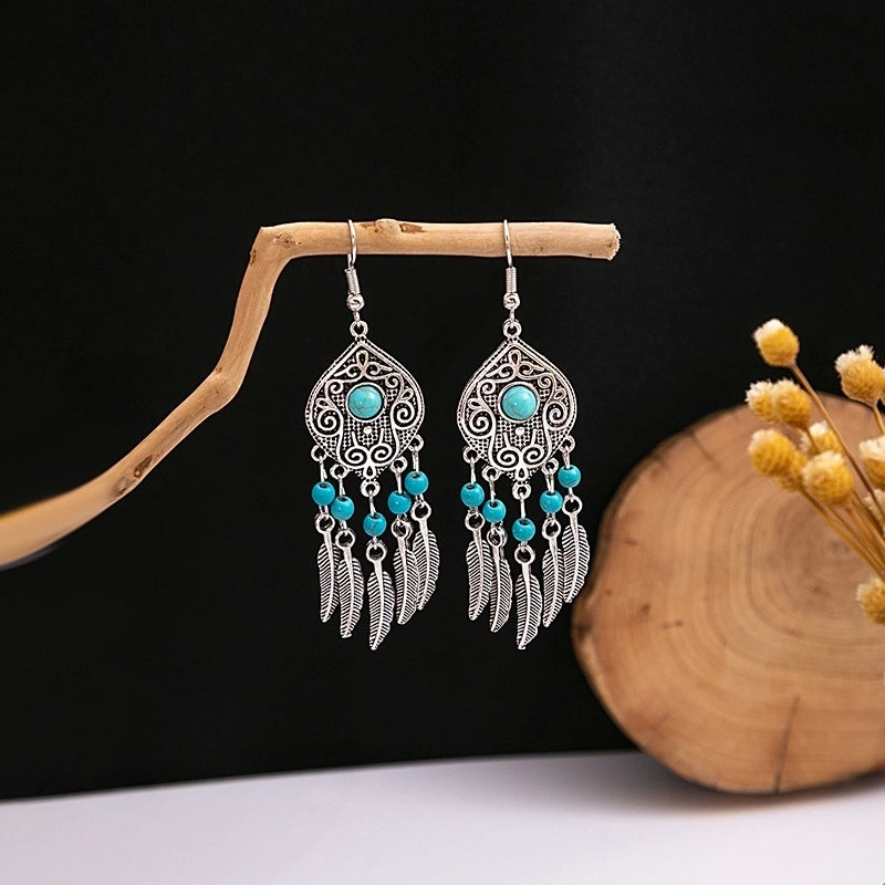 Bohemian Blue Turquoise National Style Earrings Imitation Miao Silver Metal Earrings Vintage Tassel Earrings