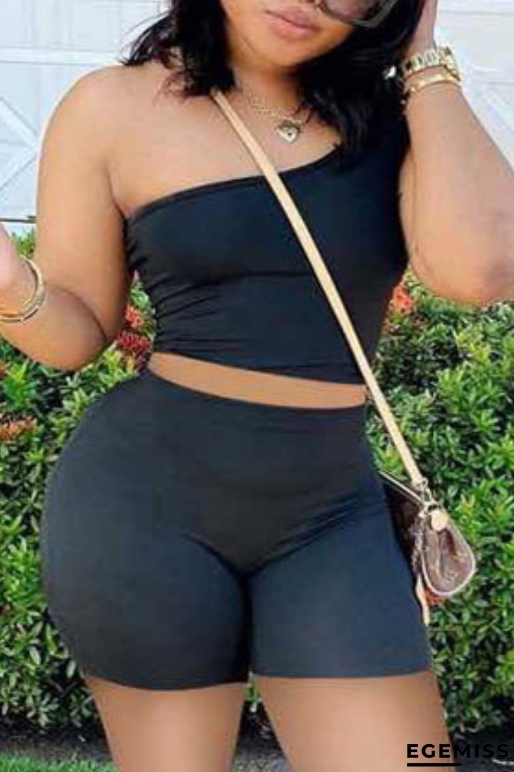 Black Fashion Casual Sportswear Solid Backless One Shoulder Plus Size Jumpsuits | EGEMISS