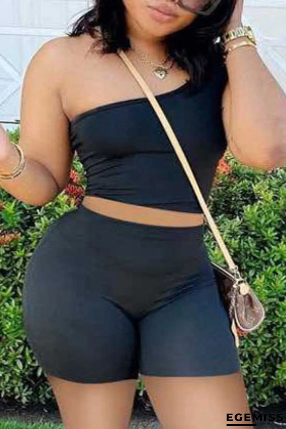 Black Fashion Casual Sportswear Solid Backless One Shoulder Plus Size Jumpsuits | EGEMISS