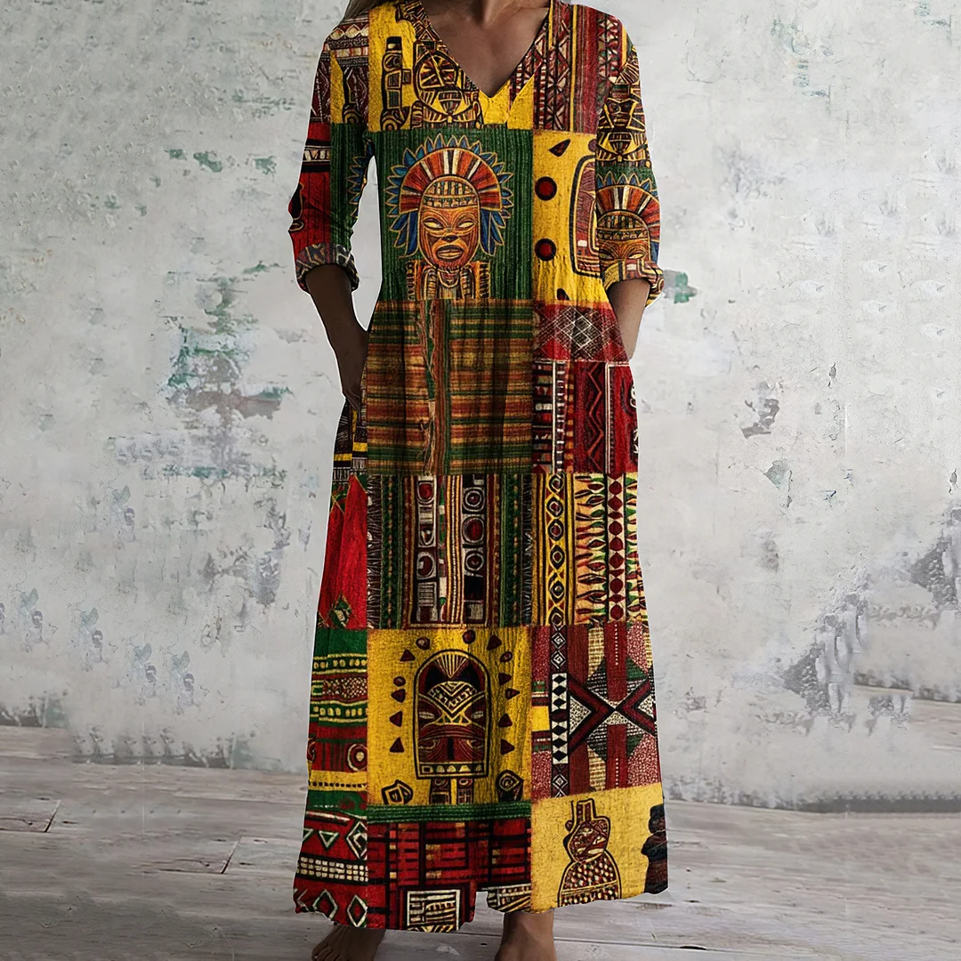 Vintage Juneteenth Black Pride African Geometric Art Pattern Women's Linen Dress