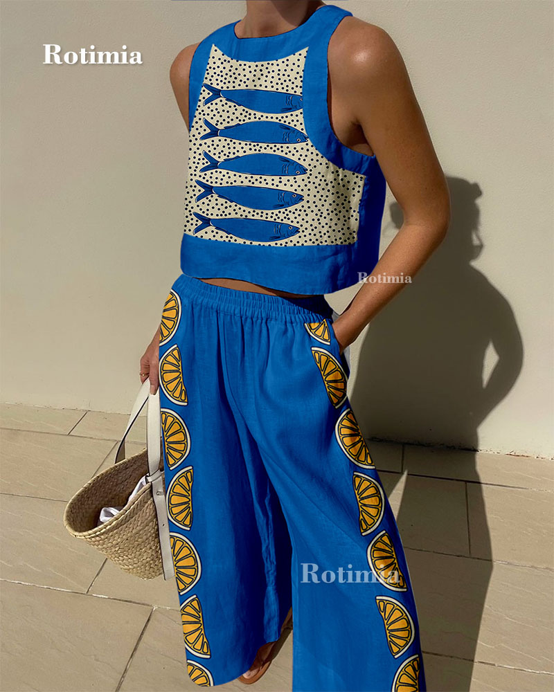 Lemon Fish Print Casual Two-Piece Set