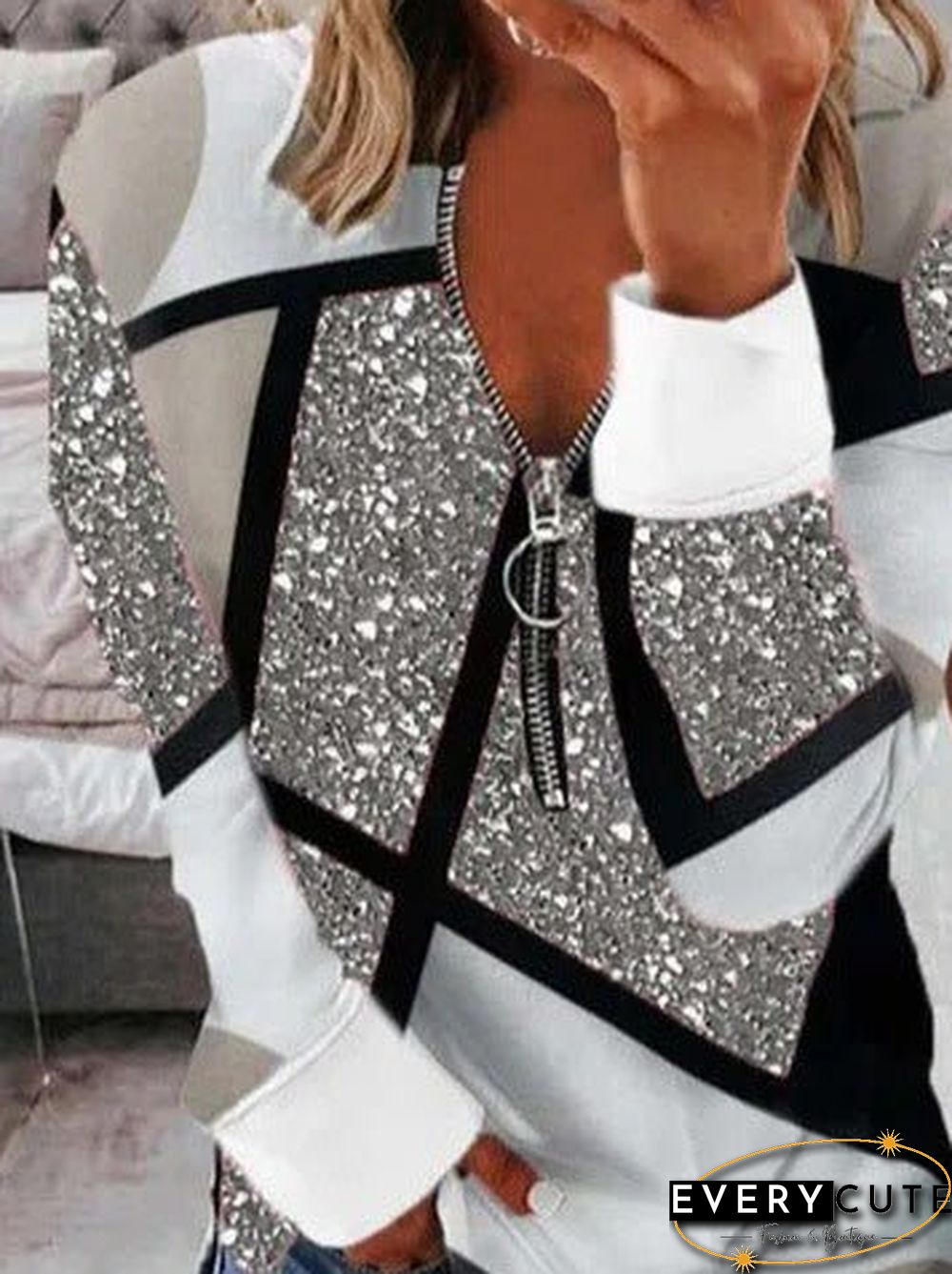 Women'S T-Shirts Casual Print V-Neck Zip Long Sleeve T-Shirt