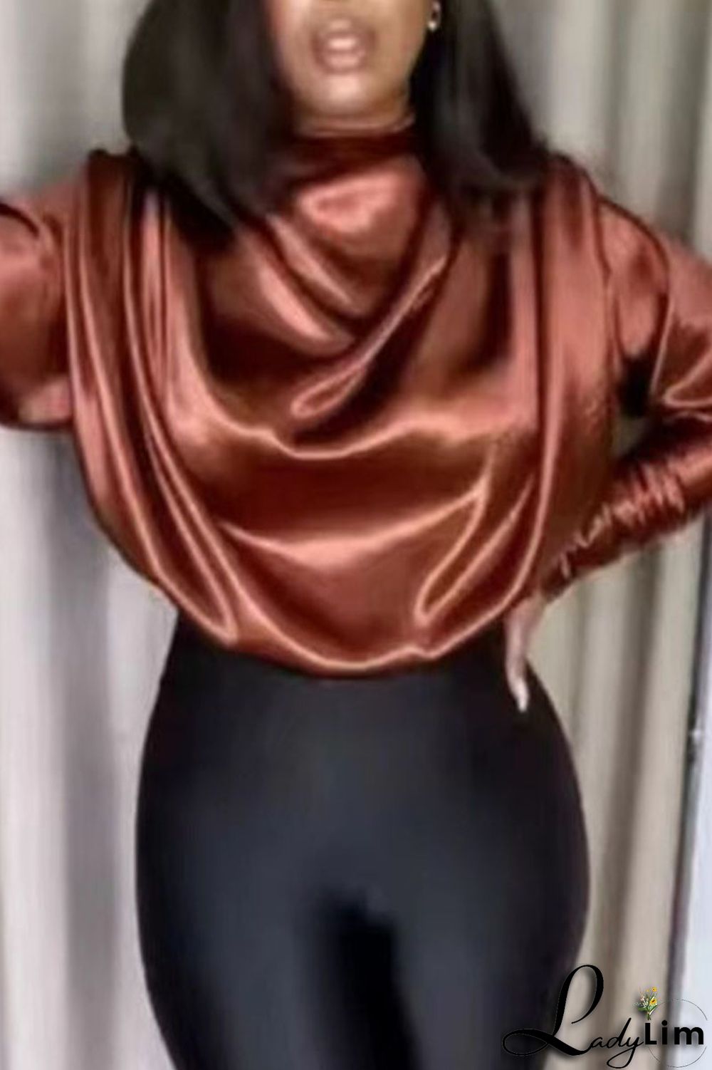 Black Casual Elegant Solid Patchwork Fold Turtleneck Tops