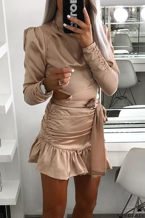 Flounced Lace-up High Neck Mini Dress