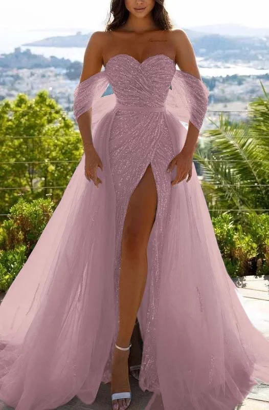 Off-the-Shoulder Sky Blue Prom Dress Sequins With Slit PD0576