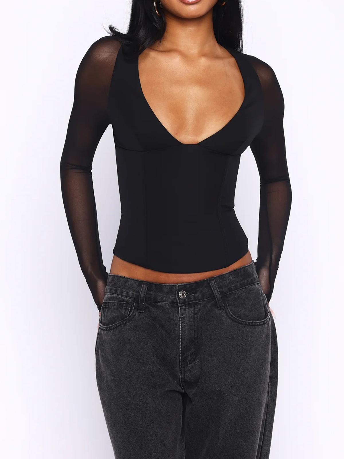 Deep V-Neck Mesh Sleeve Corset Top - HIGIANNA&reg;