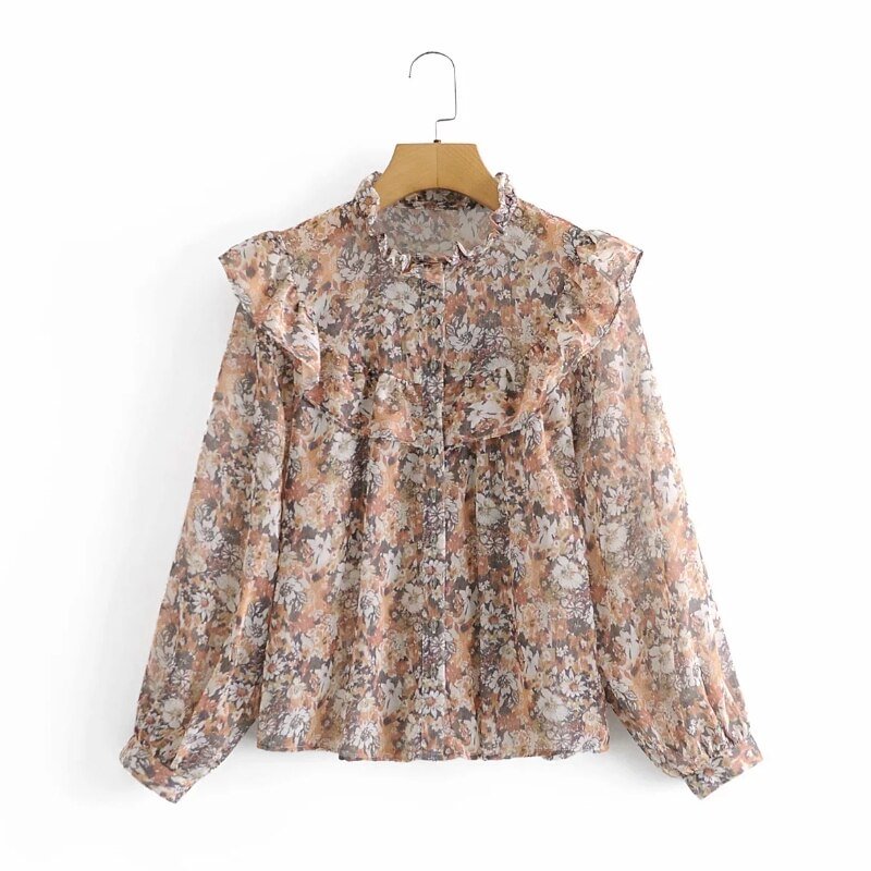 Women Cascading Ruffle Floral Printing Chiffon Shirts Vintage Female Long Sleeve Blouses Casual Lady Loose Tops Blusas S8295