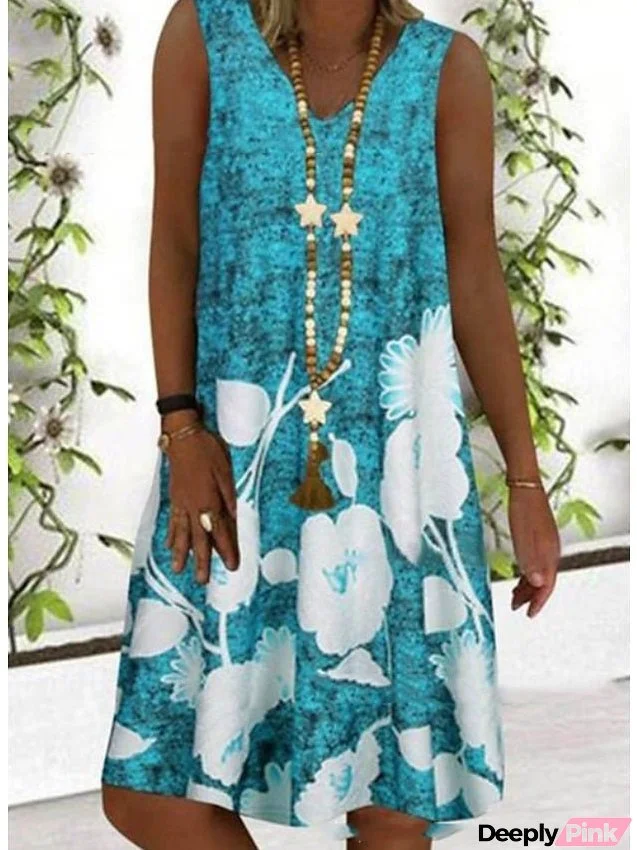 Women's Dress - Shift Dress Knee Length Dress Blue Gray Sleeveless Floral Print Spring Summer V Neck Casual S M L XL XXL 3XL 4XL 5XL