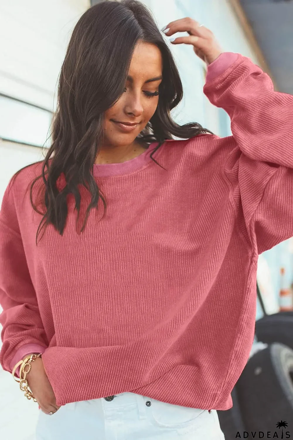 Strawberry Pink Ribbed Corded Oversized Sweatshirt