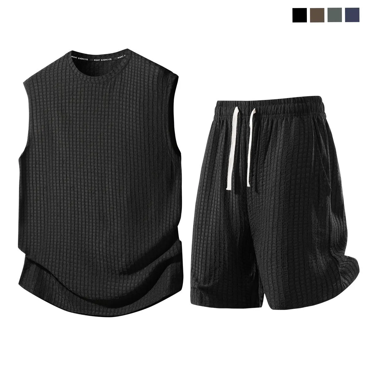 Men's 2-Piece Plain Waffle Knit Sports Clothing Set - Sleeveless Round Neck Tank Top, Elastic Waist Drawstring Casual Shorts, Breathable Comfortable Summer Apparel for Workout, Daily Wear, Two Piece Set