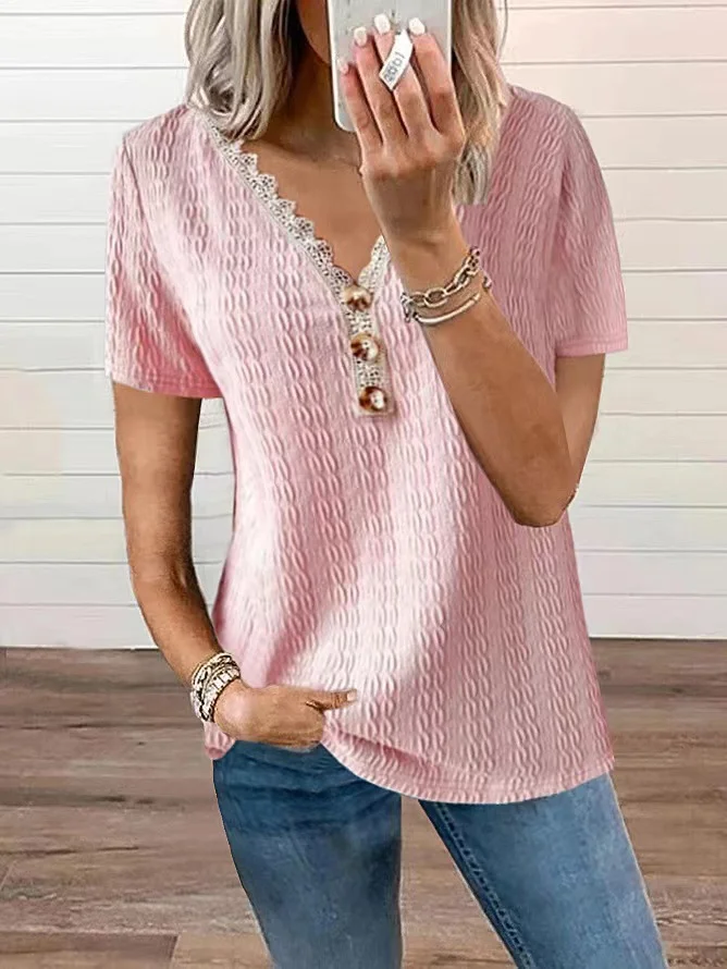 Women's Loose Casual Lace Button Short Sleeved T-shirt Top