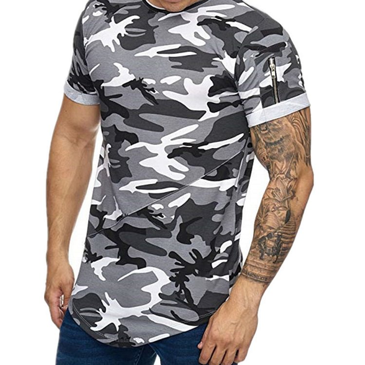 Zipper Camouflage Casual Round Neck Slim Men's T-shirt