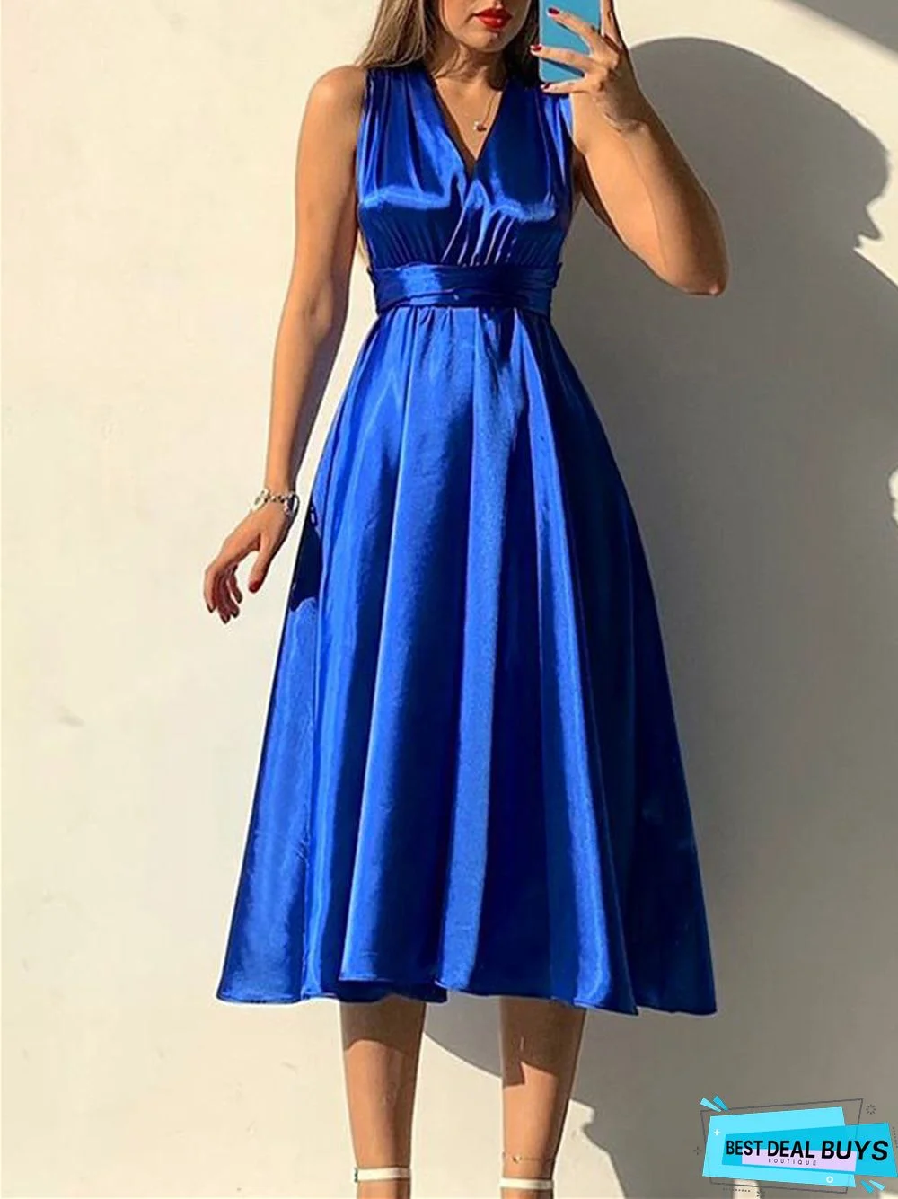 Solid Color Lace-Up V-Neck Sexy Backless Evening Dress