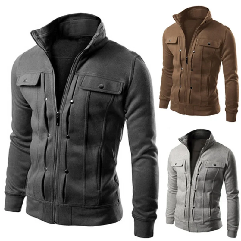 Men's Fashion Stand Collar Button Decorative Sweater Coat