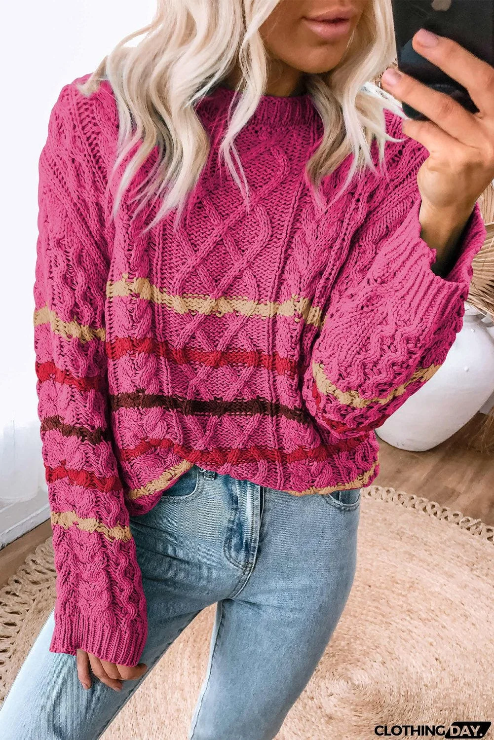 Striped Color Block Textured Knit Pullover Sweater