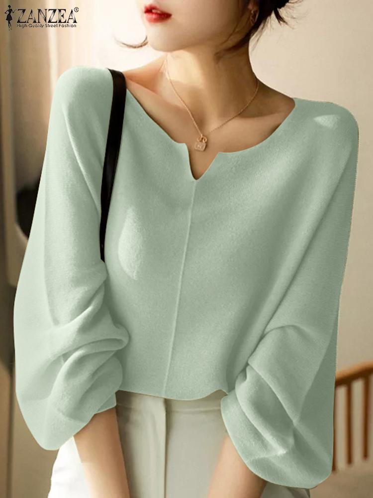 ZANZEA Elegant Women Blouse Autumn V Neck Long Sleeve Shirt Casual Solid Work Tunic Tops Femininas Blusas Chemise