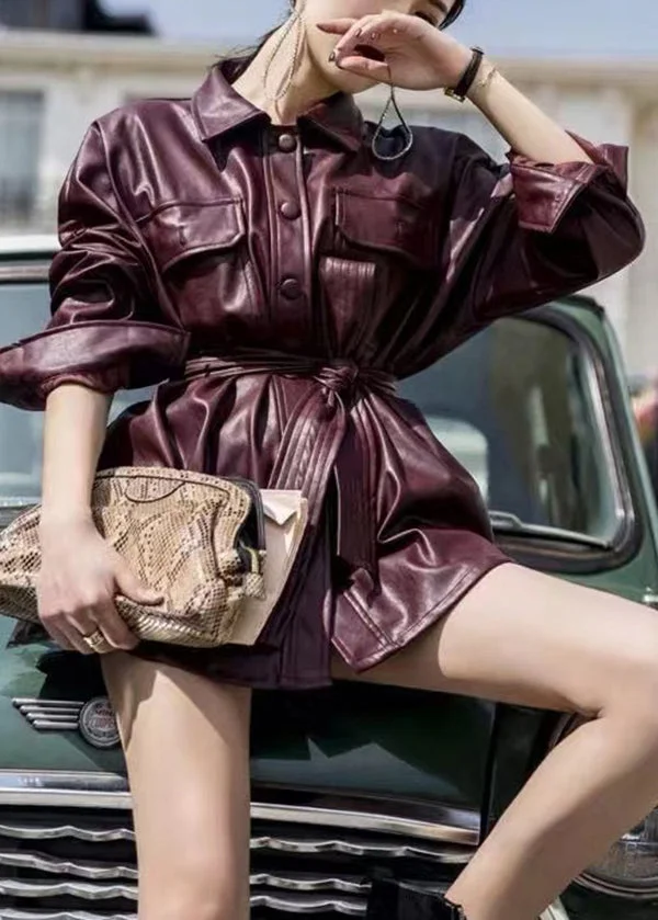 Fashion Oversized Mulberry Tie Waist Faux Leather Coats Spring