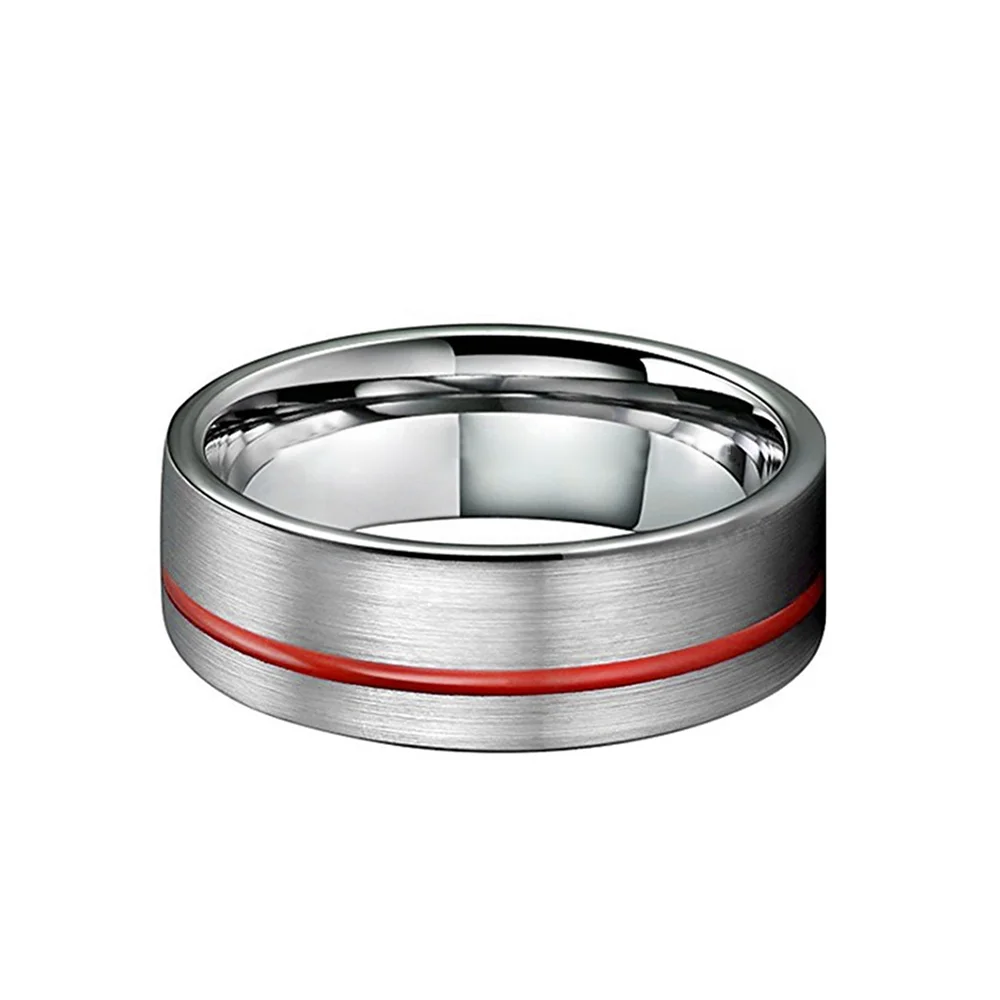 8MM Mens Brushed Flat Tungsten Rings Red Grooved Center Band
